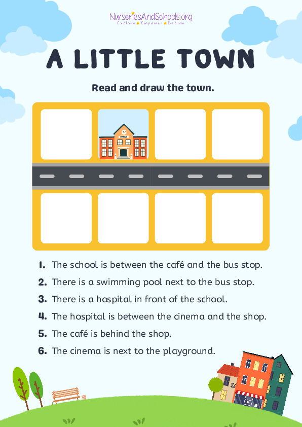 Places in a town english preposition worksheet