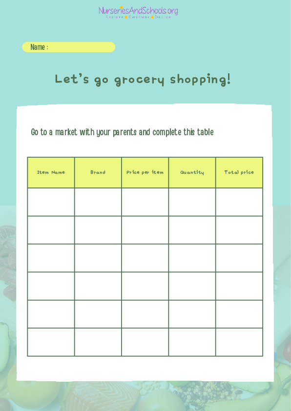 Grocery Shopping Activity Worksheet