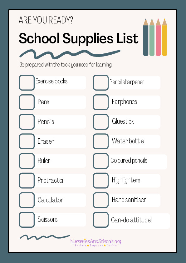 School Readiness- Back to school supplies list