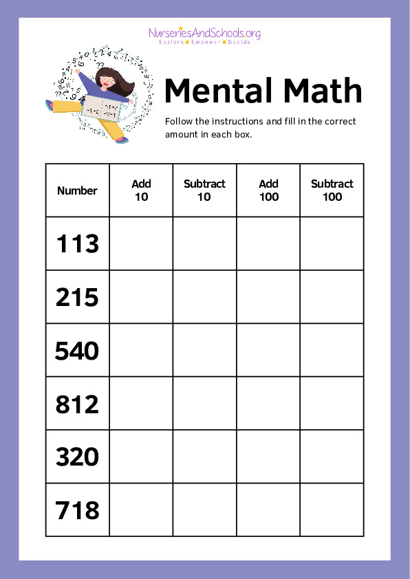 Mental Math Worksheet