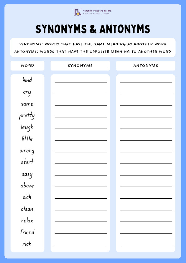 Synonyms and Antonyms Grammar writing worksheet