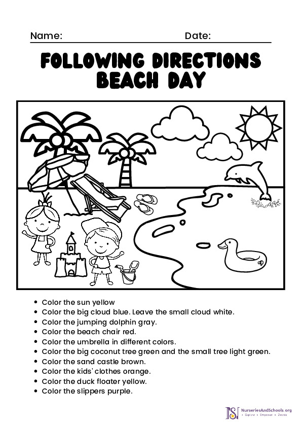 Following directions beach day- Coloring worksheet