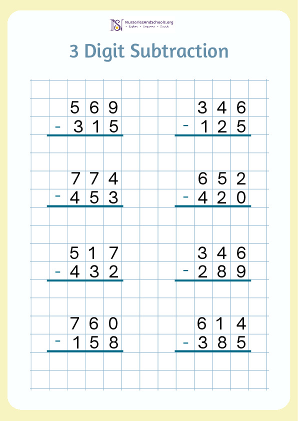 3 Digit Subtraction Worksheet