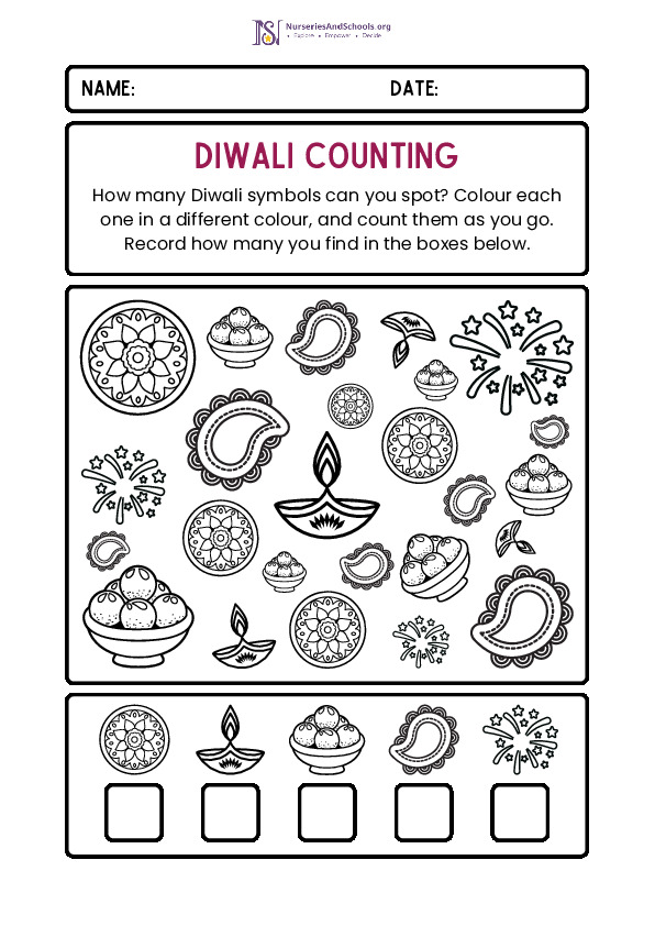 Diwali counting math activity worksheet