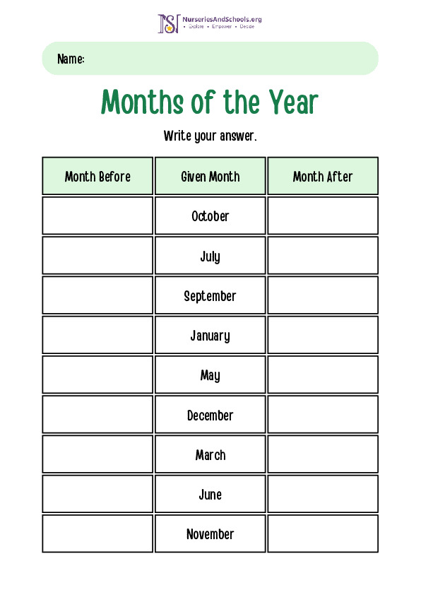 Months of the year- month before and after