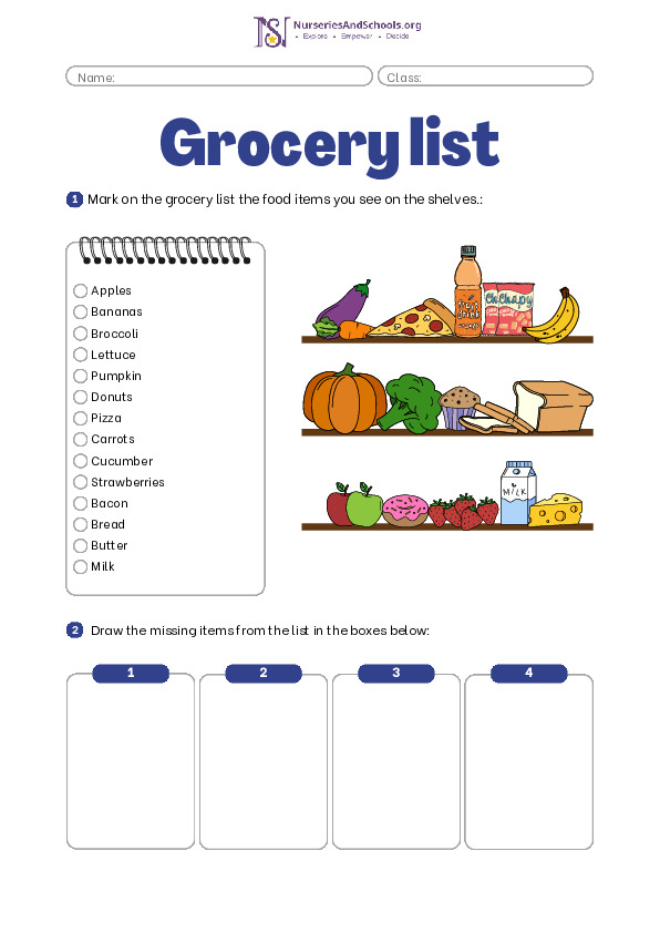 Grocery List Food Vocabulary Worksheet