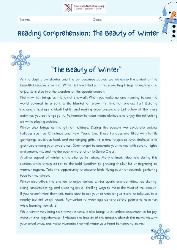 Reading Comprehension: The beauty of winter