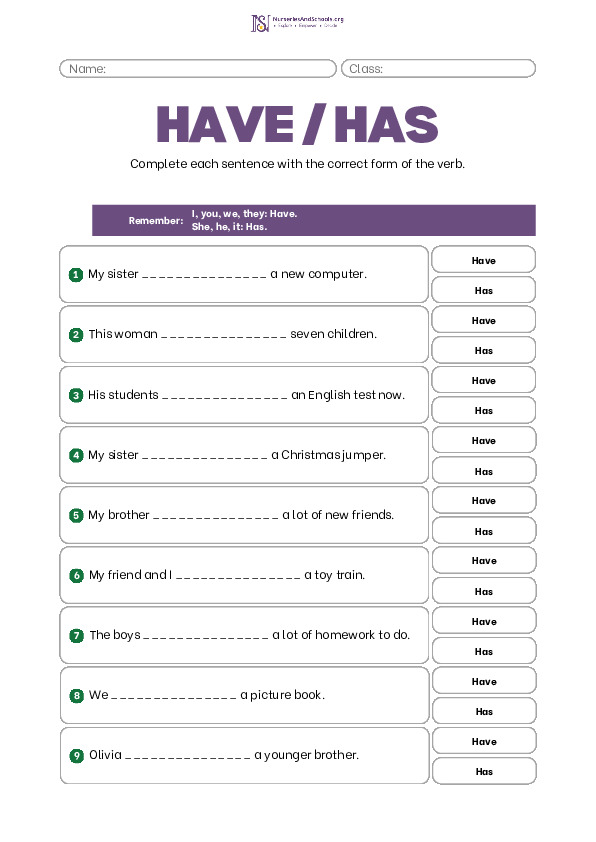 Have/Has Grammar Worksheet