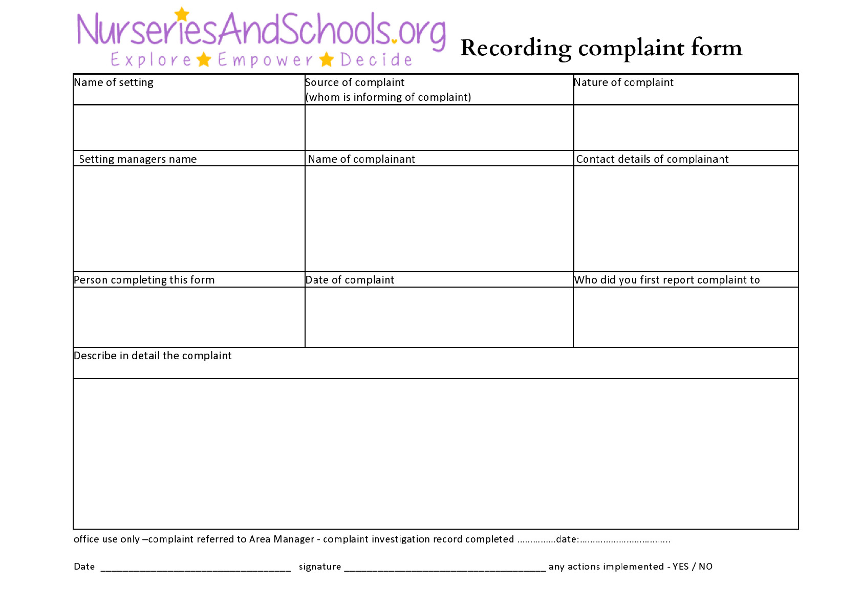 Recording complaint form