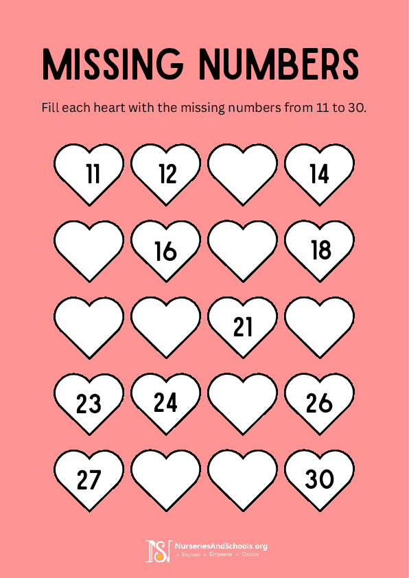 Valentine's Day- Missing numbers worksheet