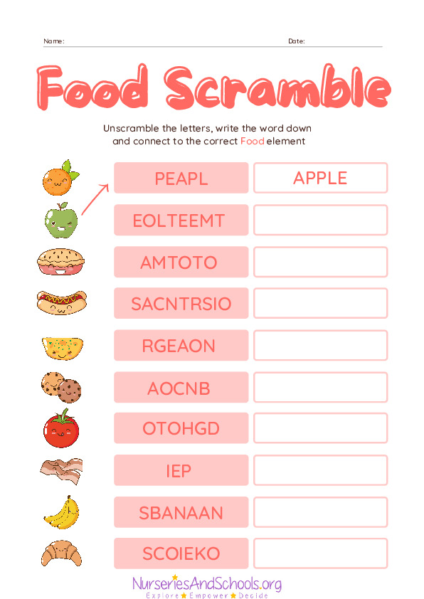 Food Word Scramble Worksheet