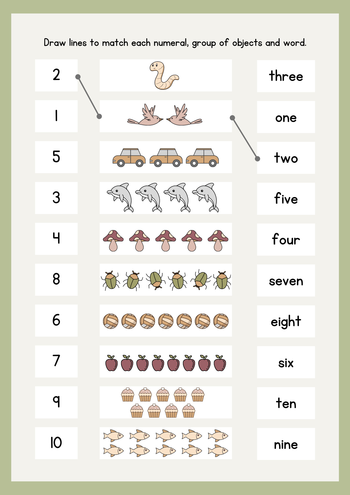 Illustrated Math Numbers to 10 Worksheet