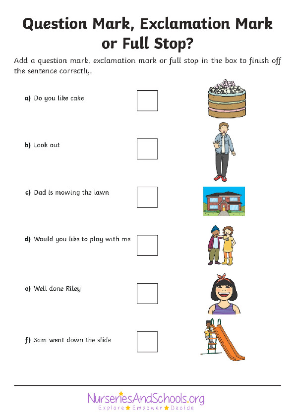 Question Mark, Full Stop or Exclamation Mark? Differentiated Worksheet